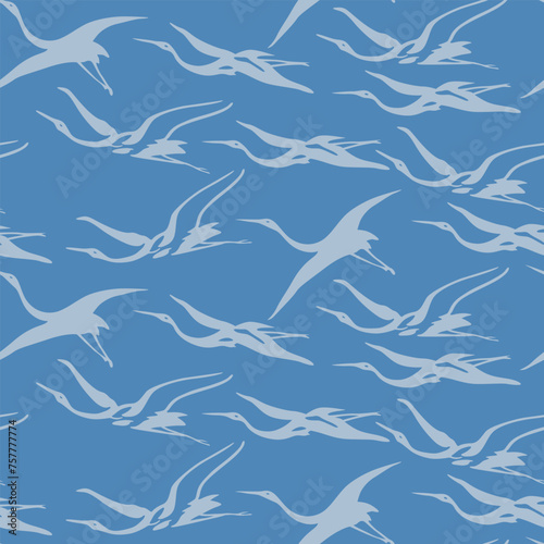 Japanese Flying Crane Bird Vector Seamless Pattern