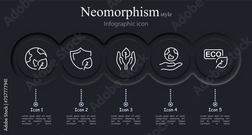 Nature icon set. Leaf, planet, shield, palms, green peace, save the planet, ecology. Neomorphism style. Vector line icon for business and advertising