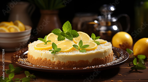 Cheesecake with sour cream, lemon, oranges and fresh mint decorations, concept of cooking in the kitchen