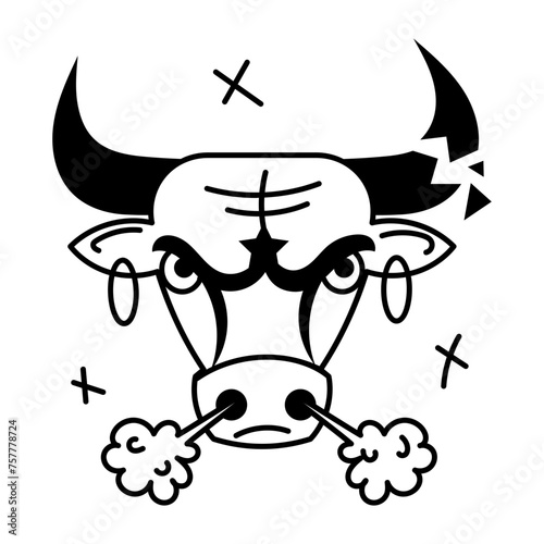 A well-designed glyph sticker of angry bull head 