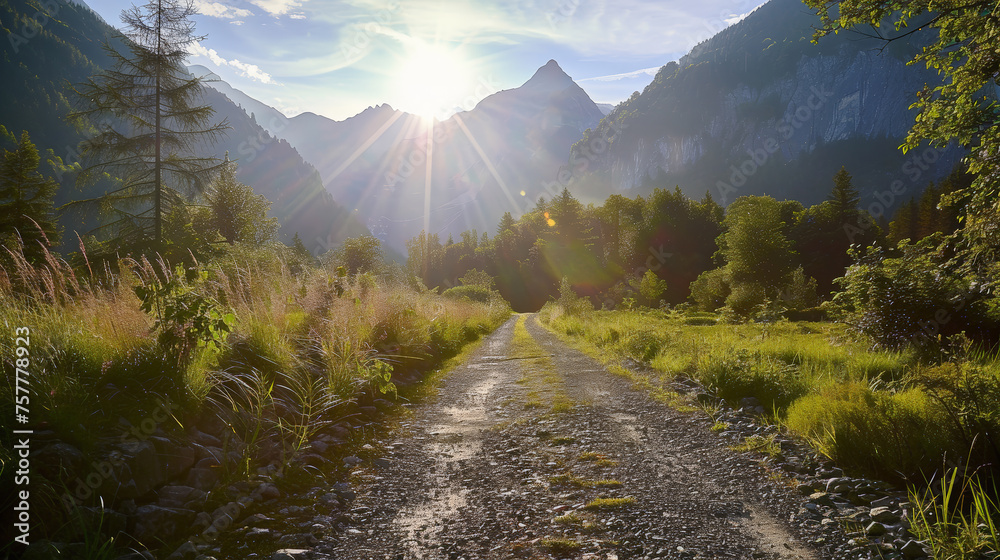 Fototapeta premium Alpine Bliss: Sunlit Gravel Trail Amid Majestic Peaks. Generative AI