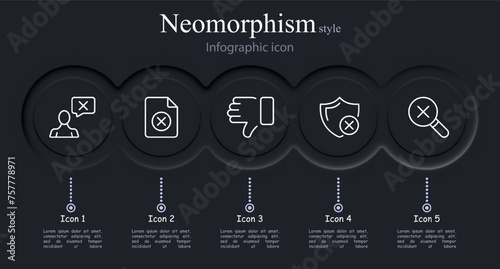 Cancel icon set. Thumbs down, file, cross, shield, magnifying glass, search. Neomorphism style. Vector line icon for business and advertising