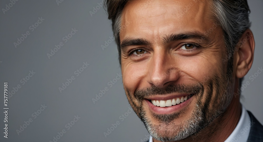 Portrait of handsome professional businessman on formal shirt happy confident smiling on plain gray background looking at camera from Generative AI - obrazy, fototapety, plakaty 