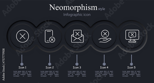 Cancel icon set. Cross, smartphone, mail, message, monitor, hand. Neomorphism style. Vector line icon for business and advertising
