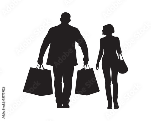 Vector silhouettes of man and woman shopping, black color, isolated on white background 