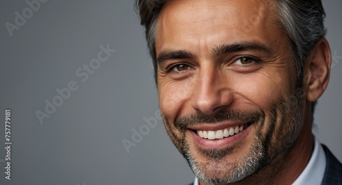 Portrait of handsome professional businessman on formal shirt happy confident smiling on plain gray background looking at camera from Generative AI