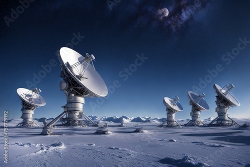 Huge radio telescope aimed directly into sky in middl photo