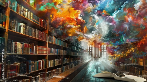 Fantasy colorful smoke on old library.