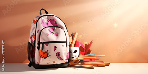a student bag with a faced glass of pencils fashion trendy brown wall and sunny background photo