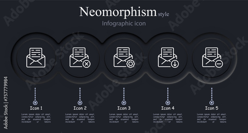 Message icon set. Envelope, cross, text, letter, gear, download, minus. Neomorphism style. Vector line icon for business and advertising