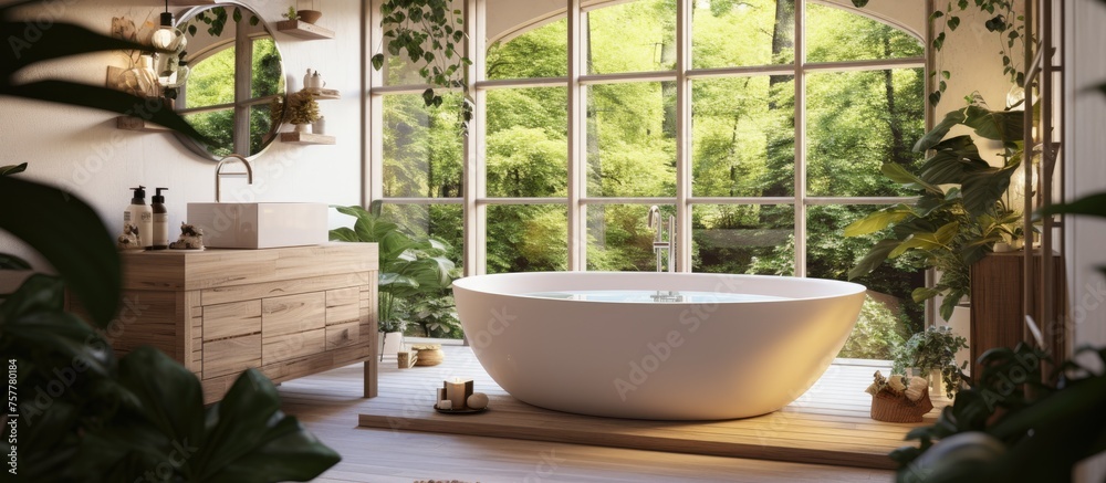 A building with a bathroom featuring a tub and a large window overlooking a garden with surrounding plants and trees. The hardwood flooring adds warmth to the space
