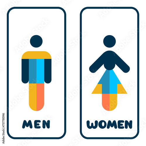 Male and female toilet restroom sign logo, different design style with text: men and women. Vector. Eps10