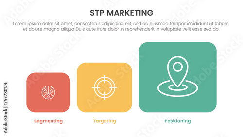 stp marketing strategy model for segmentation customer infographic with round square box on chart shape 3 points for slide presentation