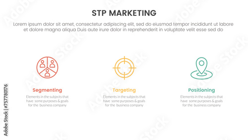 stp marketing strategy model for segmentation customer infographic with clean and simple information on horizontal direction 3 points for slide presentation