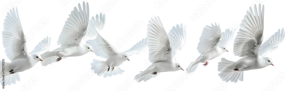 Obraz premium A group of flying white birds isolated on a white background.