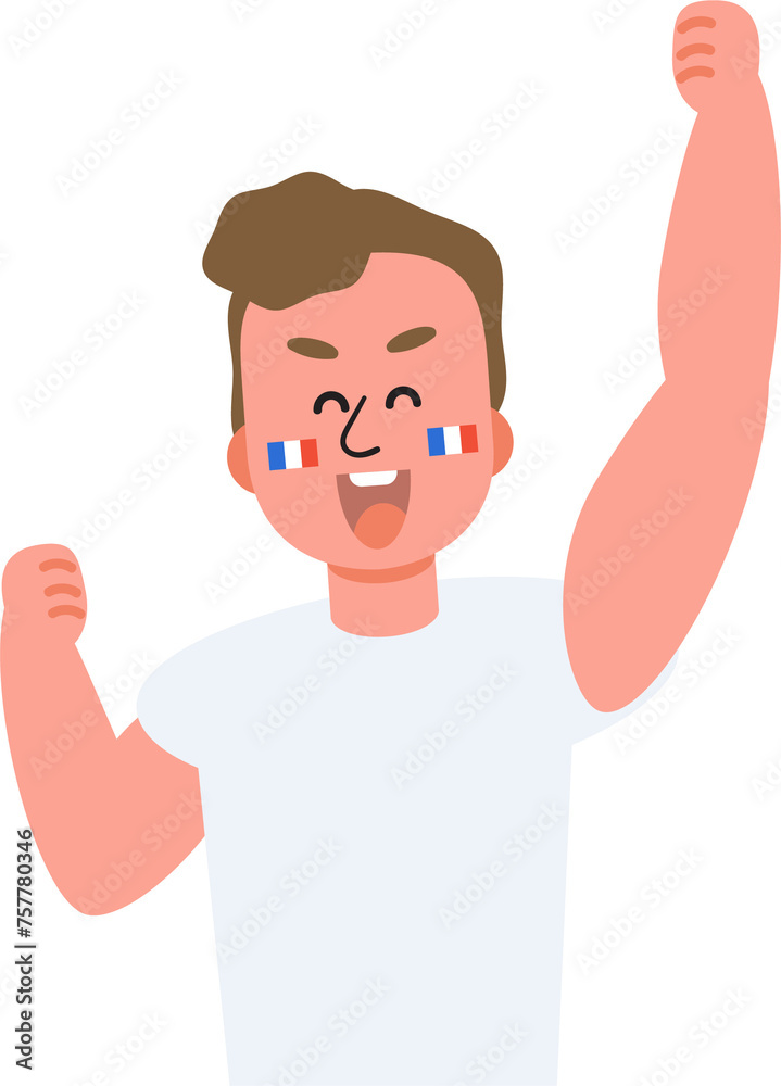 French people cheer happily for sporting victory with national flag. 