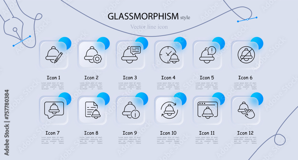 Bell icon set. Pencil, clock, alarm, notification, reminder, file, message, settings. Glassmorphism style. Vector line icon for business and advertising Bell icon set. Pencil, clock, alarm, notification, reminder, file, message, settings. Glassmorphism style. Vector line icon for business and advertising
