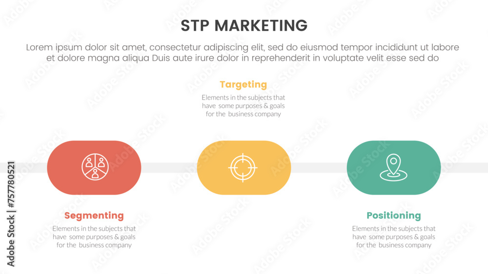 stp marketing strategy model for segmentation customer infographic with round shape timeline horizontal 3 points for slide presentation