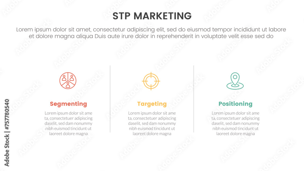 stp marketing strategy model for segmentation customer infographic with horizontal clean information with line divider 3 points for slide presentation - obrazy, fototapety, plakaty 