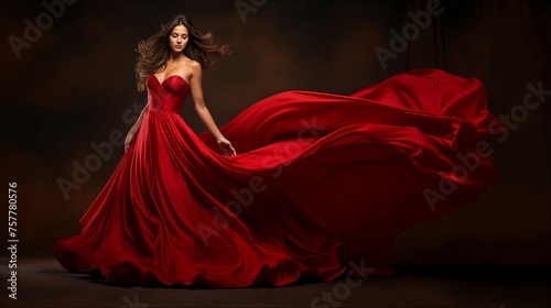 Woman in flowing red gown on dark backdrop photo