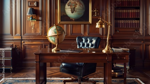 Executive Walnut Desk in Classic Wood-Paneled Office Exuding Timeless Elegance photo