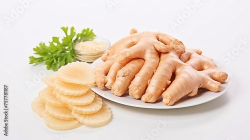 Pickled ginger isolated. Marinated ginger slices pile