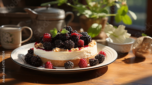 Cheesecake with sour cream, different berries and fresh mint decorations, concept of cooking in the kitchen