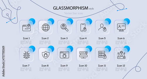 Internet icon set. Bug, website, password, security, smartphone, antivirus, shield, modem, magnifying glass. Glassmorphism style. Vector line icon for business and advertising