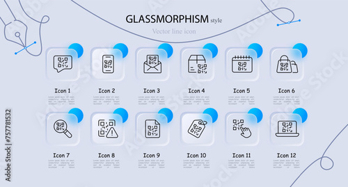 Quar code icon set. Scanner, mail, magnifying glass, search, tag. laptop, box, website, mouse, click. Glassmorphism style. Vector line icon for business and advertising