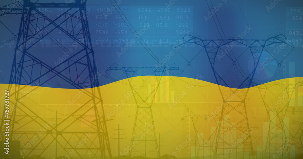 Naklejka premium Image of flag of ukraine over field and electricity poles