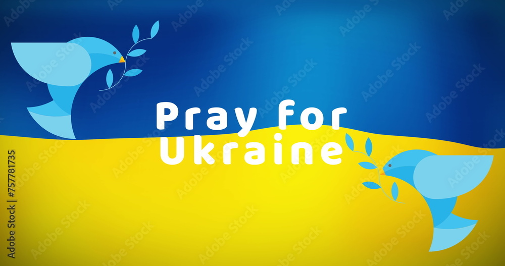 Fototapeta premium Image of pray for ukraine and dove over flag of ukraine