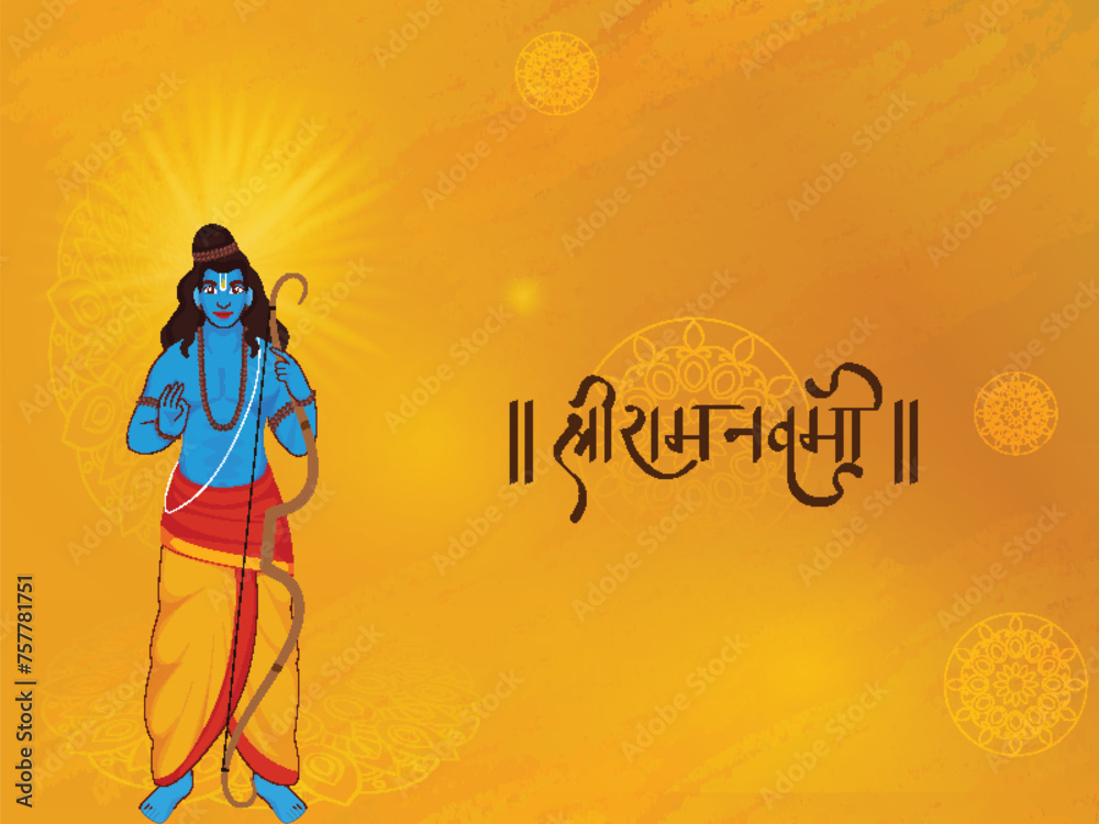 Obraz premium Shri Ram Navami (Birthday of Lord Rama) Greeting Card with Avatar of Lord Rama Standing on Chrome Yellow Mandala Background.