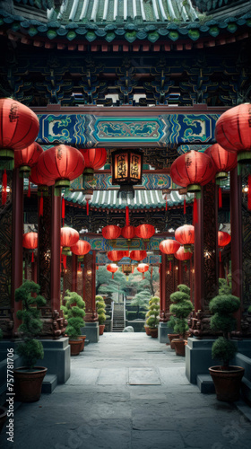 Traditional Chinese temple walkway adorned with vibrant red lanterns, inviting a sense of tranquility and cultural heritage. The pathway leads through intricately decorated archways, symbolizing peace © Mirador
