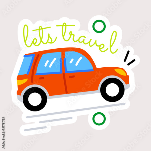 Car with lets travel typography  flat sticker 