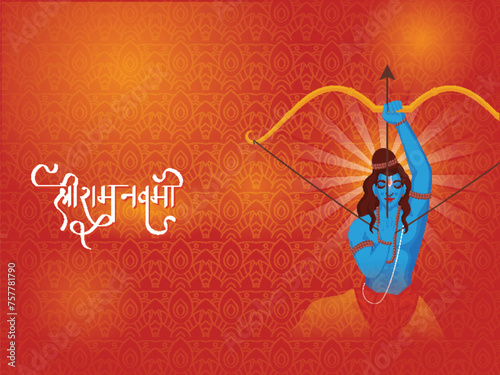 Shri Ram Navami (Birthday of Lord Rama) Greeting Card with Avatar of Hindu Mythology Lord Rama Taking an Aim on Gradient Red and Orange Ethnic Geometric Pattern Background. photo