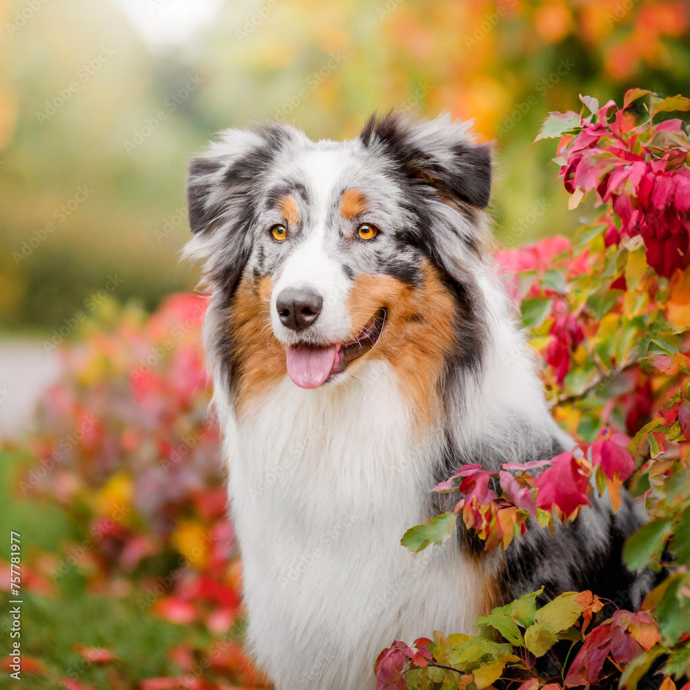 Australian shepherd dog outside in beautiful colorful autumn