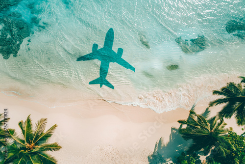 erial view capturing the captivating shadow of an airplane over the crystal-clear waters beside a tropical beach. This imaginative scene blends the allure of travel with the tranquility of a seaside p photo