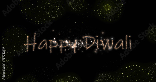 Image of happy diwali text over shapes and fireworks on black backrgound