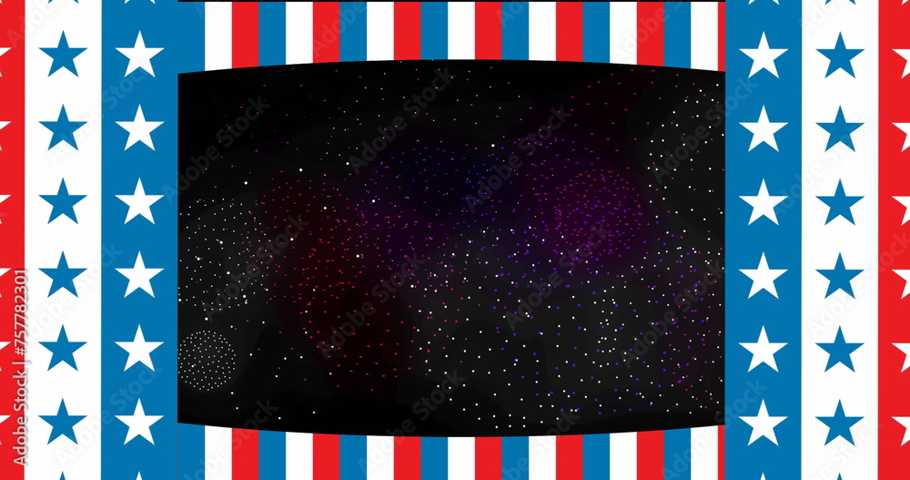 Obraz premium Image of stars and stripes over shapes and fireworks on black backrgound