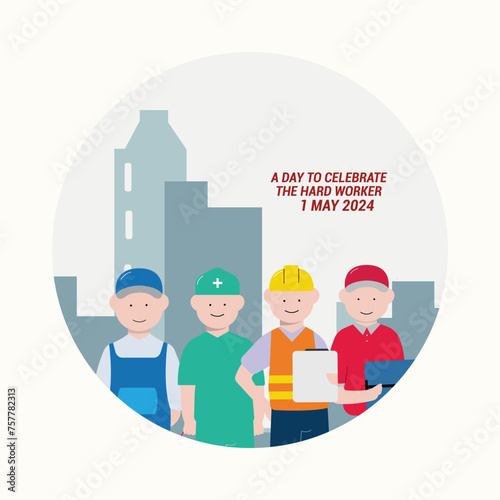happy labour day with a grup of people of different surgeon engineer postman mechanic concept illustration template vector flat
