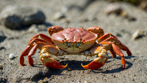 A small crab with bright orange legs and claws is on the ground.