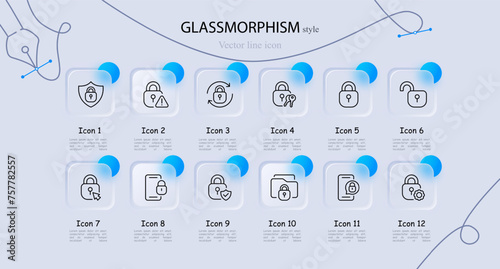 Keyhole icon set. Password, security, smartphone, check mark, folder, key, mouse. Glassmorphism style. Vector line icon for business and advertising