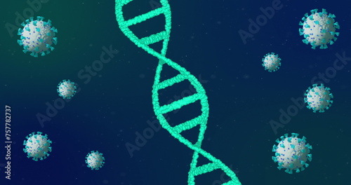 Image of covid 19 cells moving and dna strand spinning