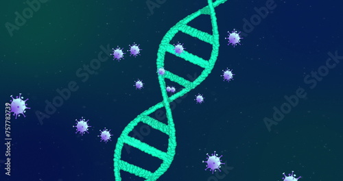 Image of covid 19 cells moving and dna strand spinning