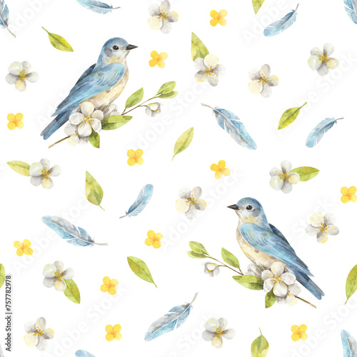 Spring seamless pattern with bluebirds, feathers, flowers and green leaves. Watercolor hand-drawn texture for wrapping paper or textile 