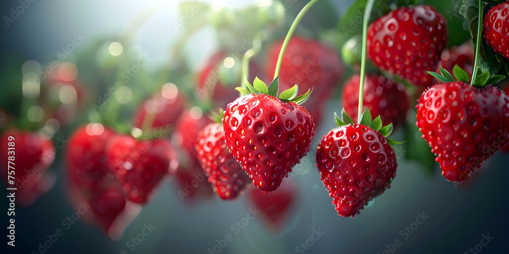 RIpe strawberry in the garden,  Ripe organic strawberry bush in the garden . - obrazy, fototapety, plakaty 