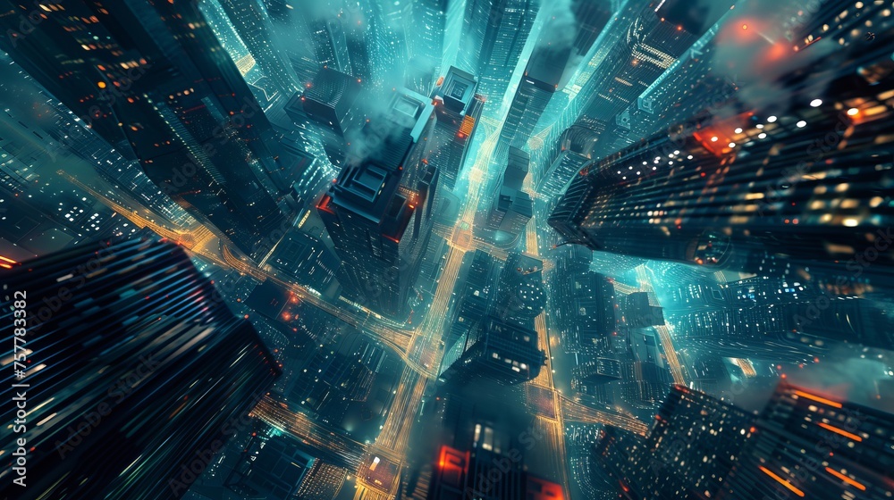 Futuristic Cyberpunk Cityscape with Neon Lights and Dynamic Motion