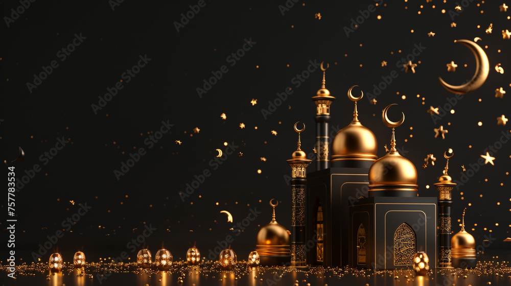 3D rendering Ramadan Moon and Golden flat color islamic mosque building design, black gift box background . - obrazy, fototapety, plakaty 
