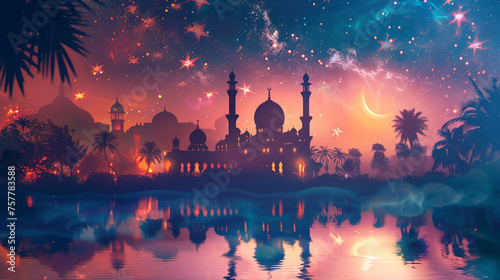 Illustration of Eid Mubarak background with mosque at night . 
