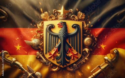 Emblem of Germany on the background of the fluttering flag of Germany.